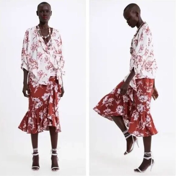 ZARA Red Floral Ruffle Midi Skirt – Size Small - Picture 2 of 10